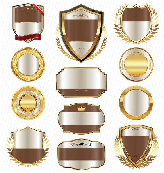 Golden shields laurel wreaths and badges collection — Stock Vector