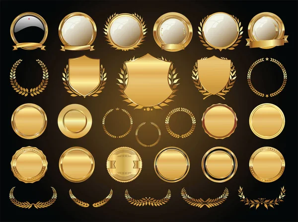 Colección de coronas de laurel y medallas de oro escudos — Vector de stock