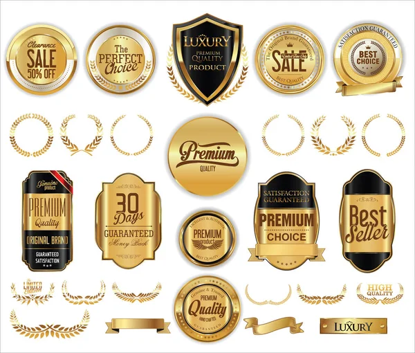 Vector middeleeuwse gouden schilden laurierkransen en badges collectie — Stockvector