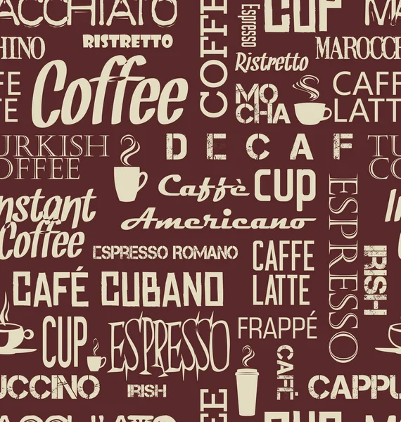 Tigla de fundal fără sudură de cuvinte și simboluri de cafea — Vector de stoc