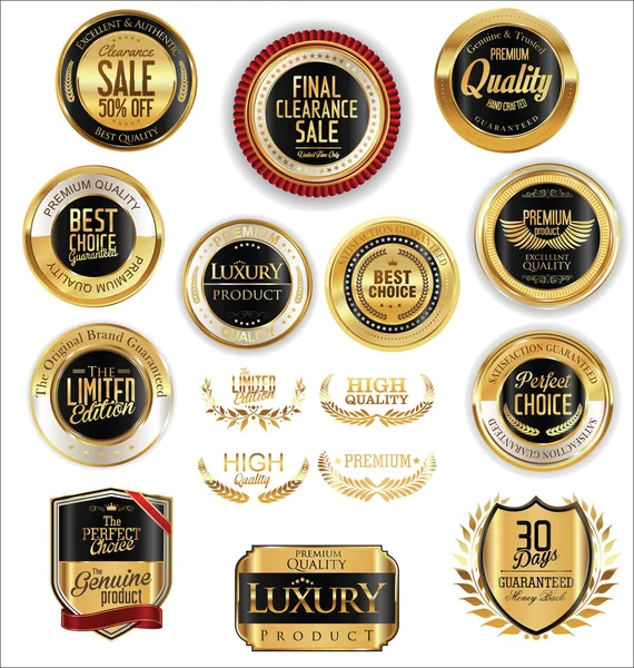 Golden Shields laurel grinaldas e coleção de crachás — Vetor de Stock