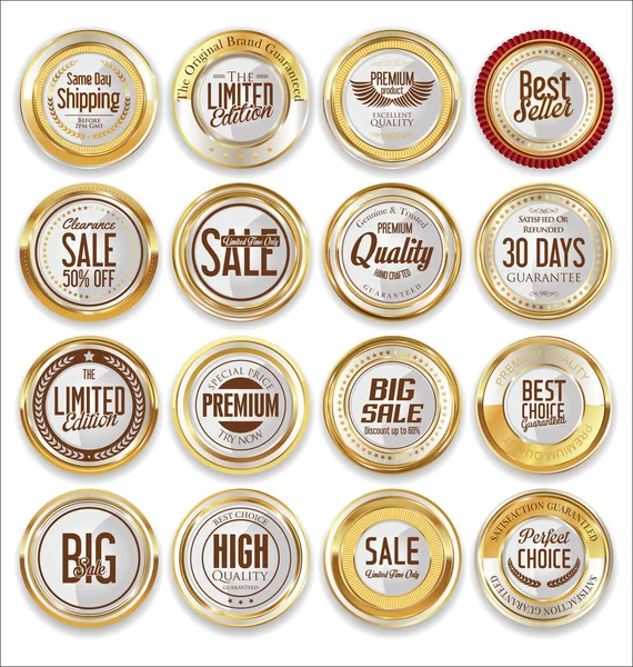 Prodej retro vintage zlaté odznaky a štítky — Stockový vektor