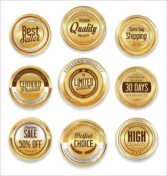 Venta retro vintage insignias de oro y etiquetas — Vector de stock