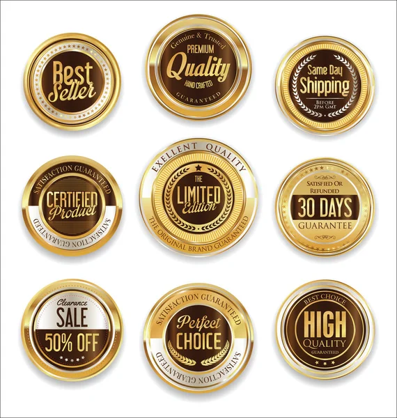 Venta retro vintage insignias de oro y etiquetas — Vector de stock