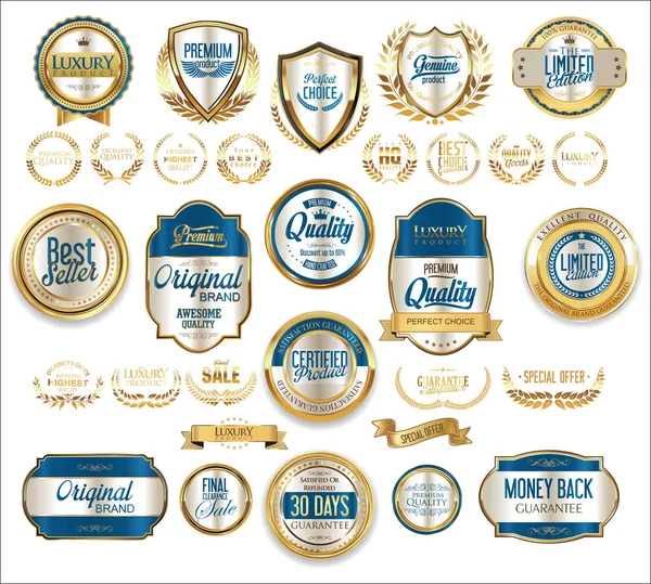 Gouden verkoop shields lauwerkransen en badges collectie — Stockvector