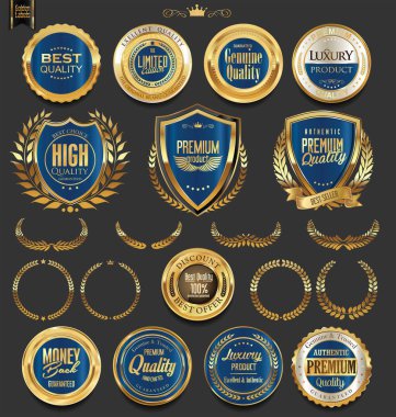 Altın rozet ve defne çelengi koleksiyonu içeren etiketleri 