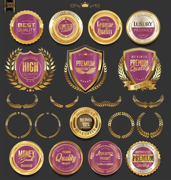 Golden badges and labels with laurel wreath collection — Stock Vector