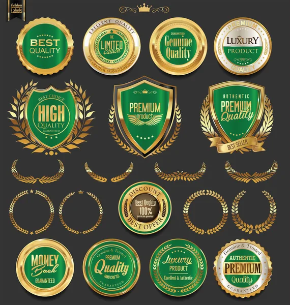 Badges dorés et étiquettes avec collection de couronnes de laurier — Image vectorielle