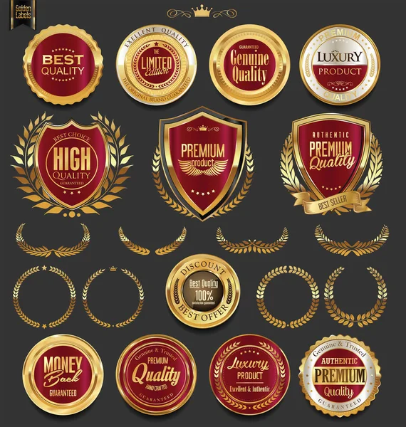 Altın rozet ve defne çelengi koleksiyonu içeren etiketleri — Stok Vektör