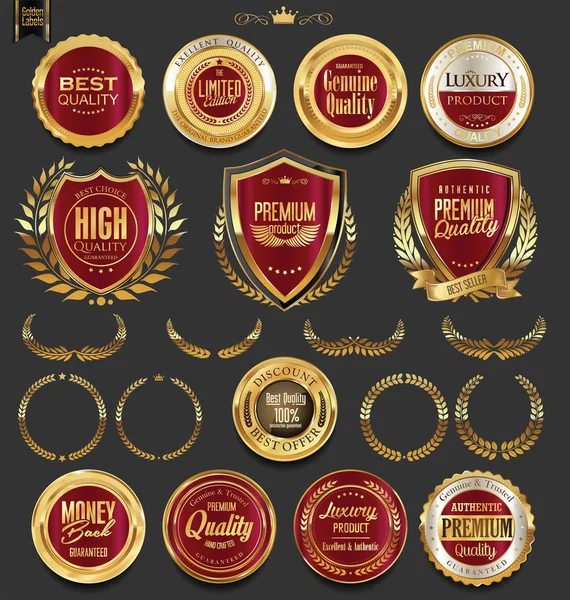 Gouden badges en etiketten met laurier krans collectie — Stockvector