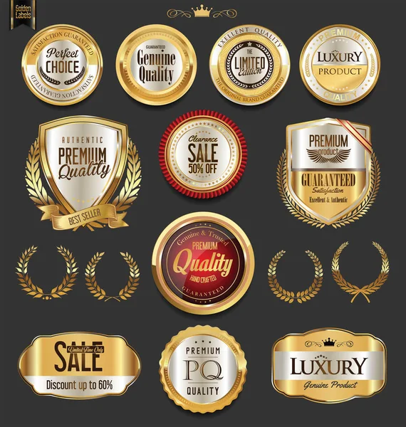 Insignias y etiquetas doradas con colección de coronas de laurel — Vector de stock