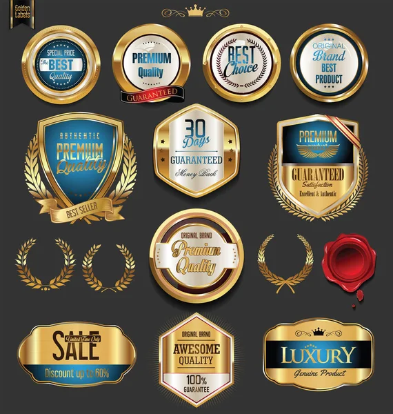 Gouden badges en etiketten met laurier krans collectie — Stockvector