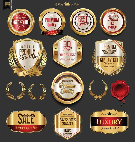 Badges dorés et étiquettes avec collection de couronnes de laurier — Image vectorielle