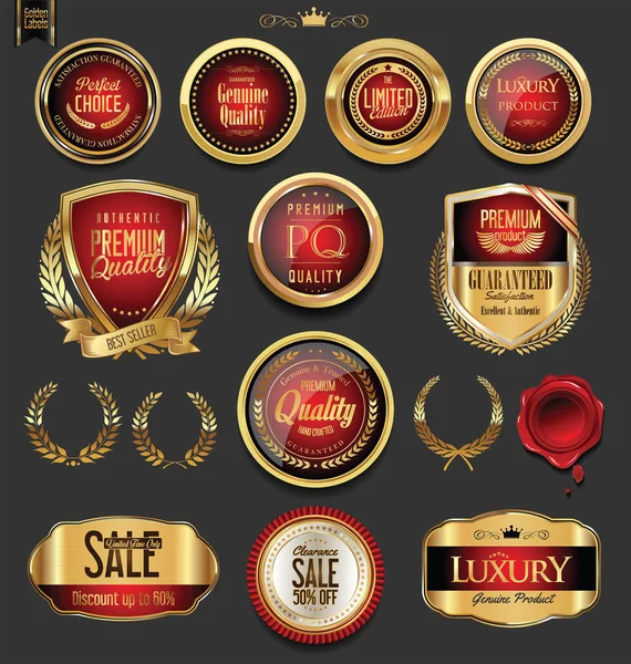 Gouden badges en etiketten met laurier krans collectie — Stockvector