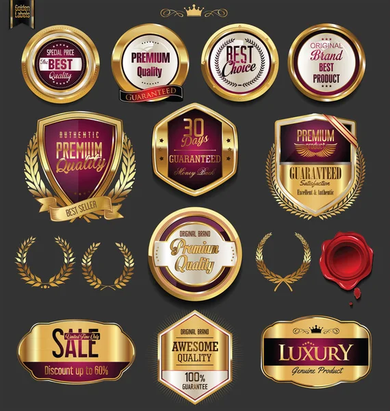 Golden badges and labels with laurel wreath collection — Stock Vector