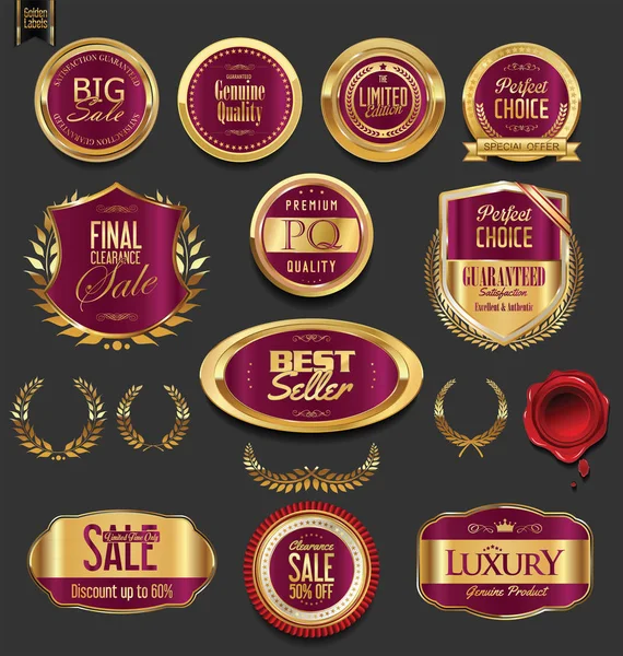 Gouden badges en etiketten met laurier krans collectie — Stockvector