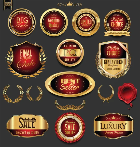 Gouden badges en etiketten met laurier krans collectie — Stockvector