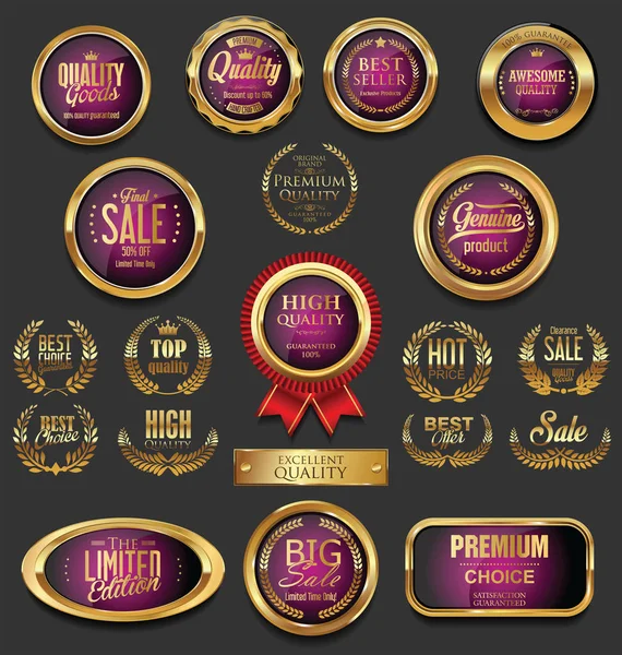 Badge e etichette dorate con collezione di ghirlande di alloro — Vettoriale Stock