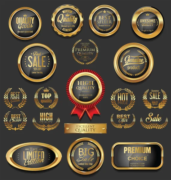 Złote odznaki i etykiety z kolekcji wieniec laurowy — Wektor stockowy
