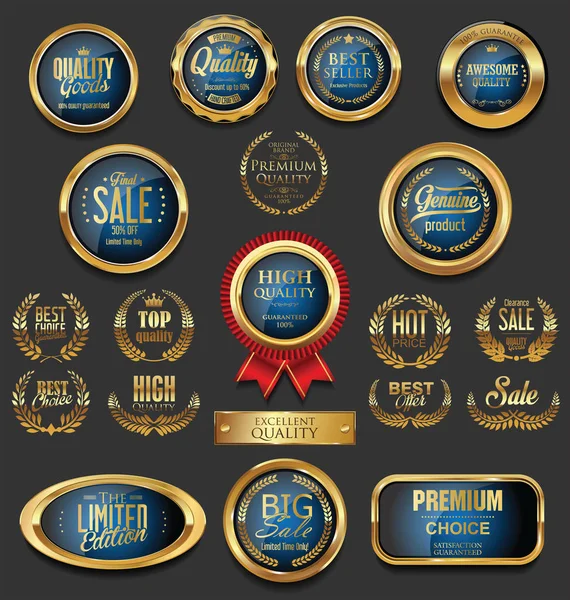 Gouden badges en etiketten met laurier krans collectie — Stockvector