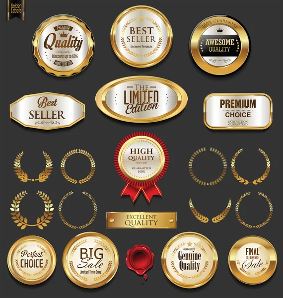 Insignias y etiquetas doradas con colección de coronas de laurel — Vector de stock