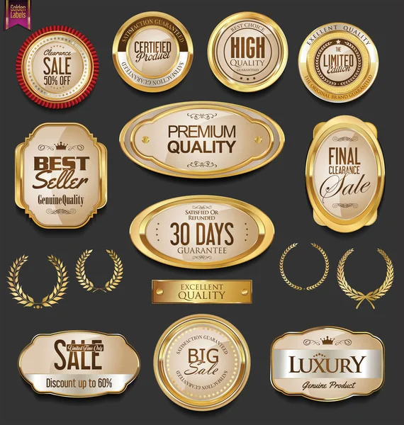 Złote odznaki i etykiety z kolekcji wieniec laurowy — Wektor stockowy