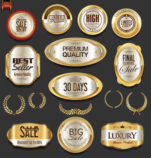 Gouden badges en etiketten met laurier krans collectie — Stockvector