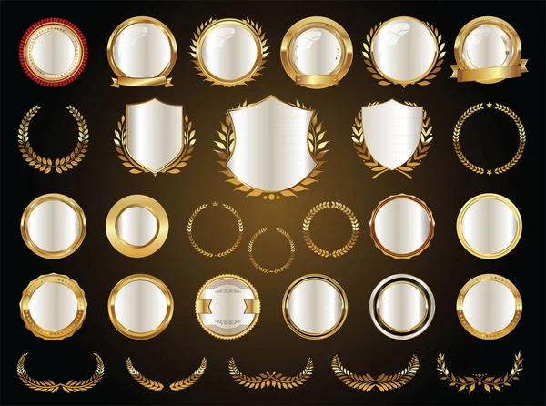 Gouden verkoop shields lauwerkransen en badges collectie — Stockvector