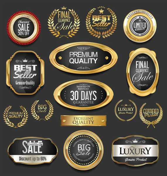 Golden badges and labels with laurel wreath collection — Stock Vector