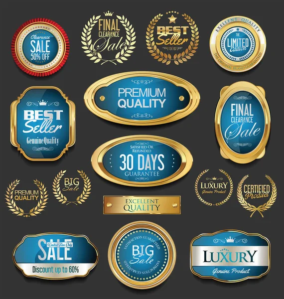 Gouden badges en etiketten met laurier krans collectie — Stockvector