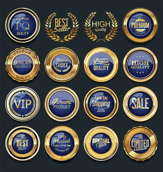 Verkoop retro vintage gouden badges en etiketten — Stockvector