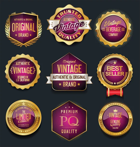 Satılık retro vintage altın rozet ve etiketleri — Stok Vektör