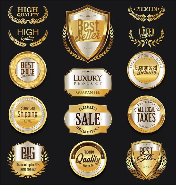 Gouden badges en etiketten retro design collectie — Stockvector