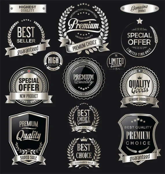 Luxury badges and labels with laurel wreath silver collection — Stock Vector