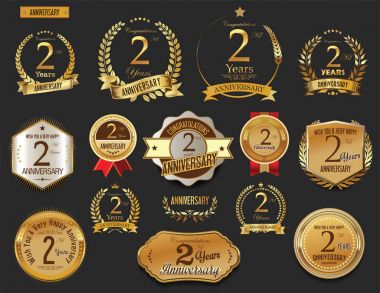 Anniversary golden laurel wreath and badges vector collection clipart