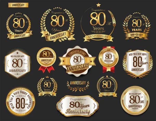 Verjaardag gouden lauwerkrans en badges vector collectie — Stockvector