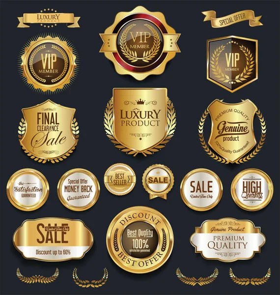 Ouro e prata escudos laurel grinaldas e distintivos coleção — Vetor de Stock