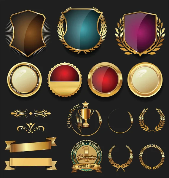 Goud en zilver schilden laurel kransen en badges collectie — Stockvector