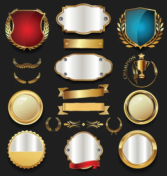 Oro e argento scudi corone di alloro e collezione di distintivi — Vettoriale Stock