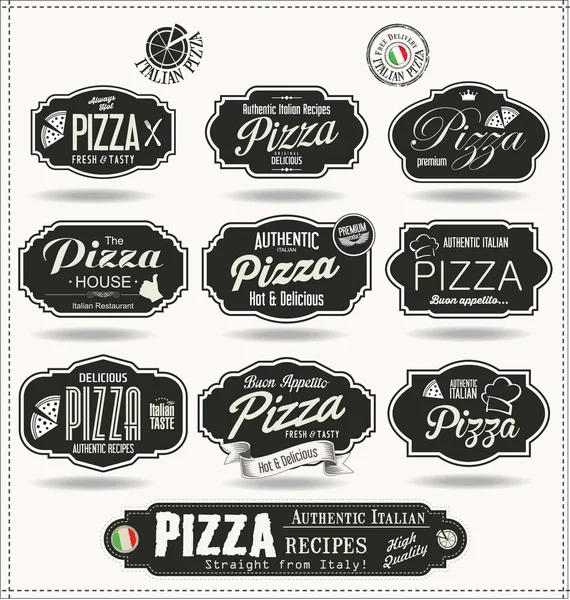 Pizza insignias y etiquetas colección retro negro — Archivo Imágenes Vectoriales