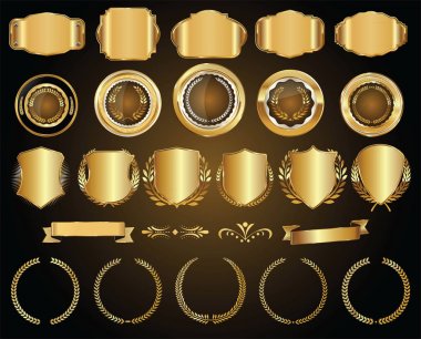 Altın kalkanlar defne çelenkleri ve rozet koleksiyonu