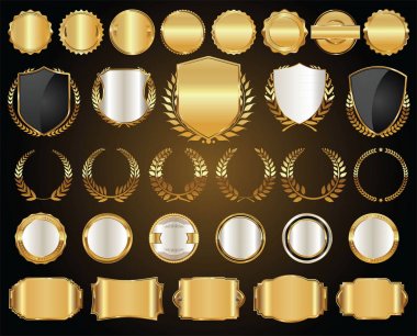 Golden shields laurel wreaths and badges collection clipart