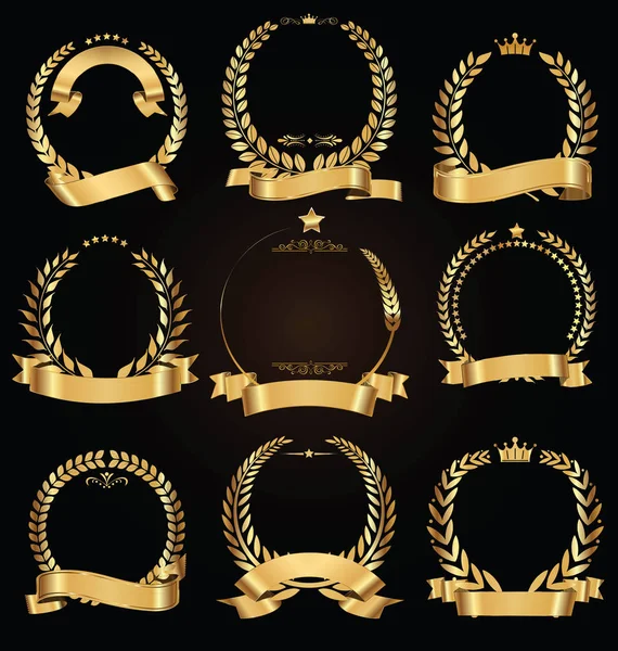 Golden laurel wreath with golden ribbon vector collection