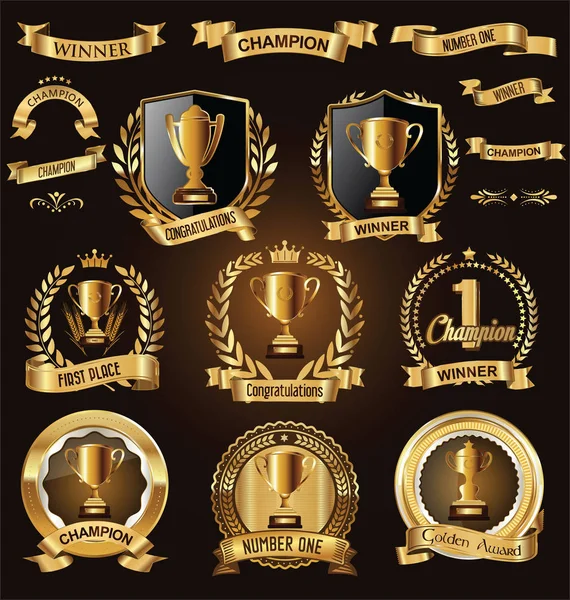 Trofeo e premi corona d'alloro collezione d'oro — Vettoriale Stock