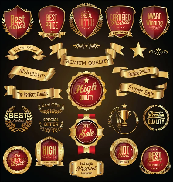 Goud en rood retro verkoop badges en etiketten vector collectie — Stockvector