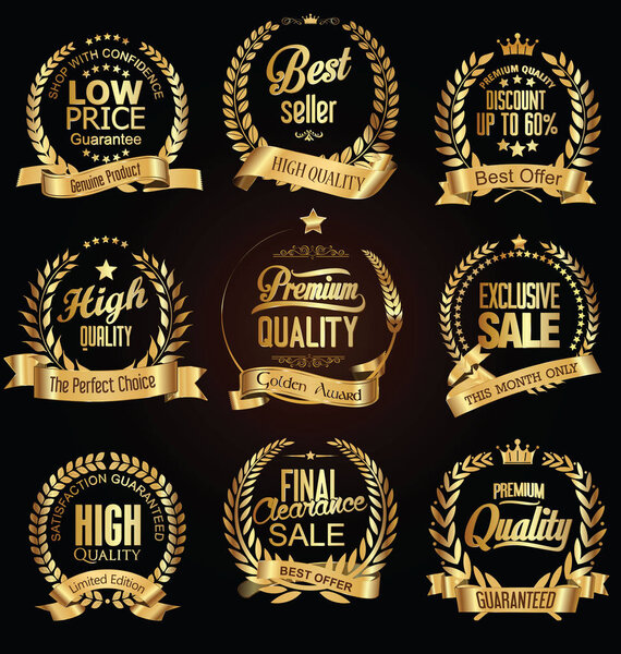 Золотые лавровые венки с векторной коллекцией золотых лент
