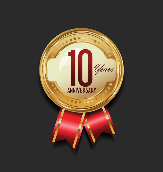 Anniversary Golden Badge Golden Ribbon Years Vector — Stock Vector