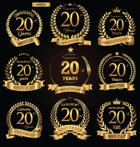 Anniversary Golden Retro Laurel Wreath Vector Illustration Collection — Stock Vector