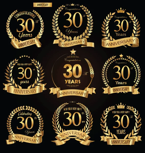 Anniversary Golden Retro Laurel Wreath Vector Illustration Collection — Stock Vector