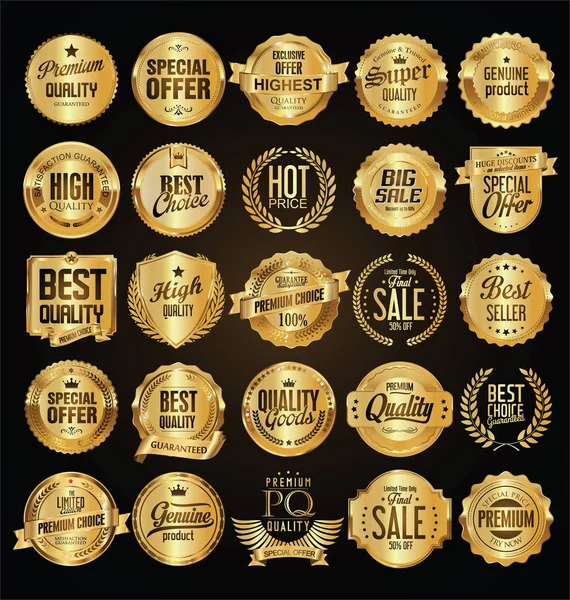 Retro Vintage Zlaté Odznaky Kolekce Etiket — Stockový vektor